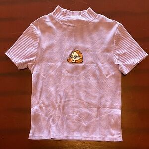 Lazy Oaf Lavender Ribbed Short Sleeve Top with Cartoon Patch